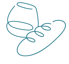 An abstract illustration of a stemless wine glass and a loaf of bread