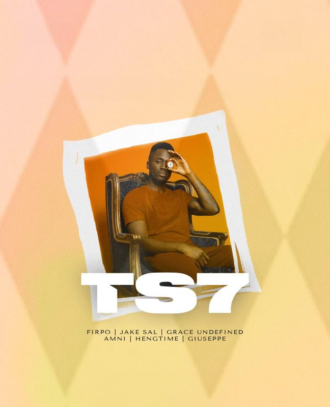 A person sits in a chair holding an orange object over one eye. The text "TS7" and several names such as Firpo, Jake Sal, and Grace Undefined are listed below.